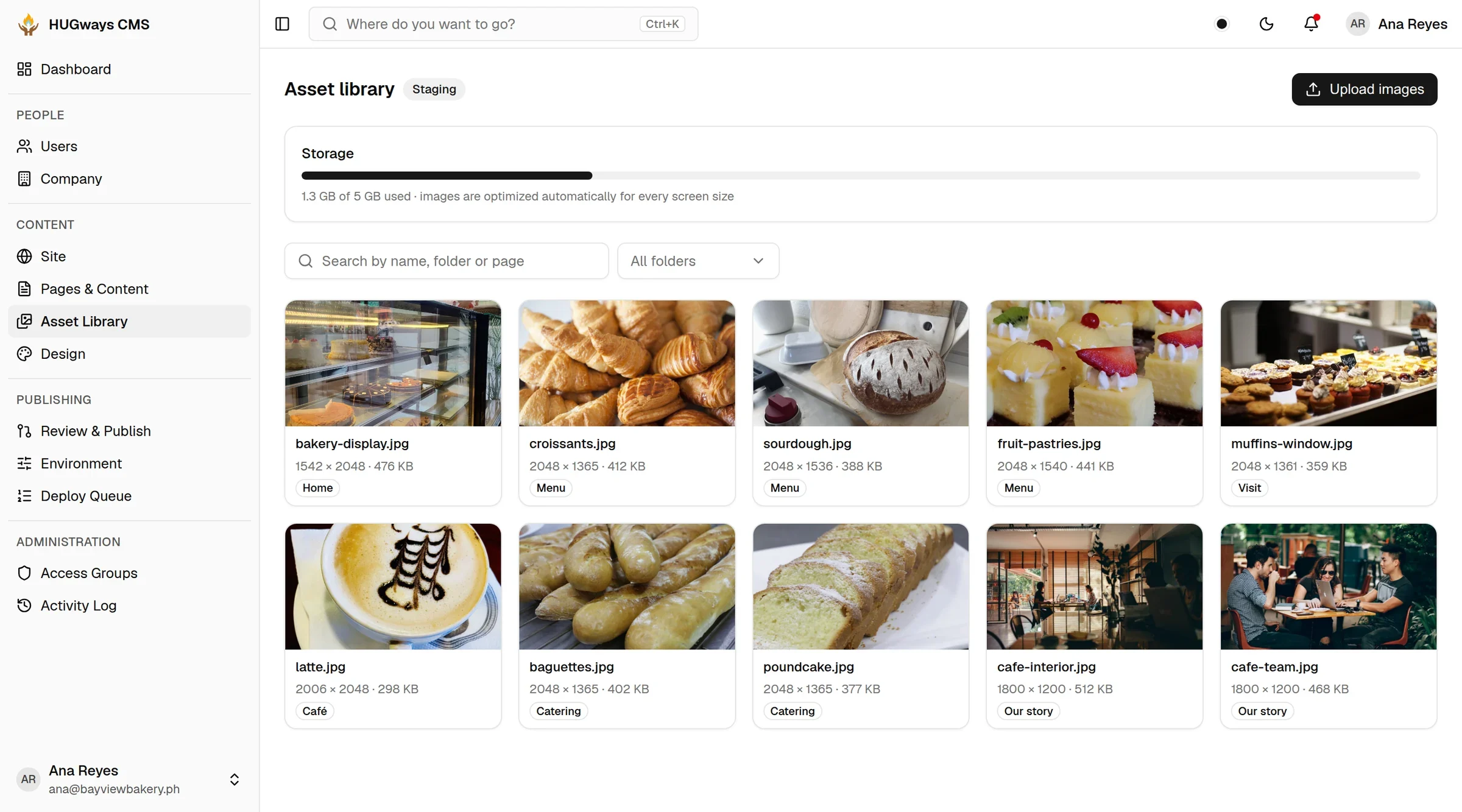 Asset library with a grid of bakery photos and a storage meter