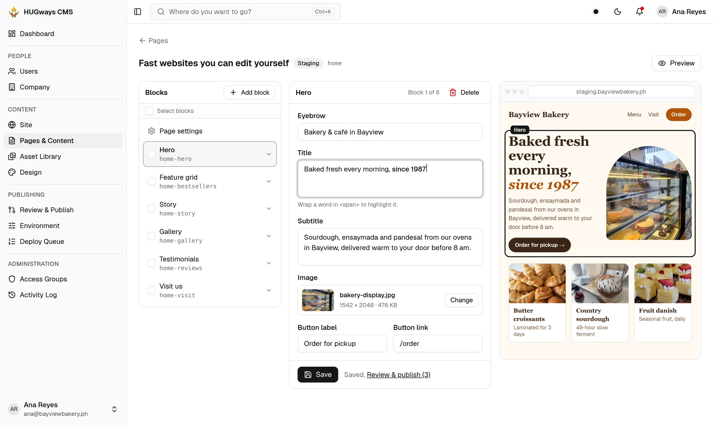 The HUGways page editor: a list of page blocks, a form for the selected block and a live preview of a bakery website