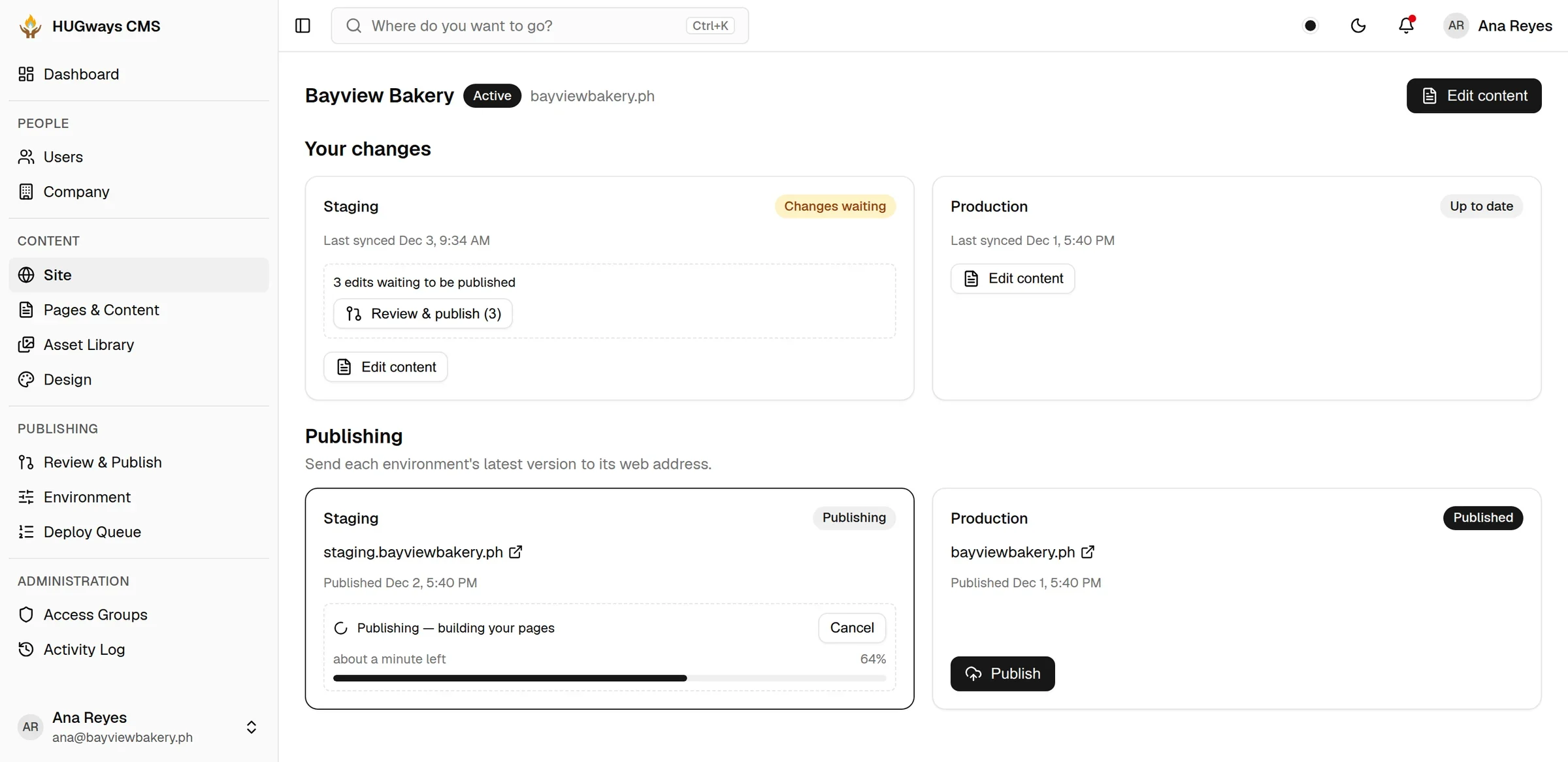 Site page with Staging and Production cards, a Review & publish button and a publish in progress