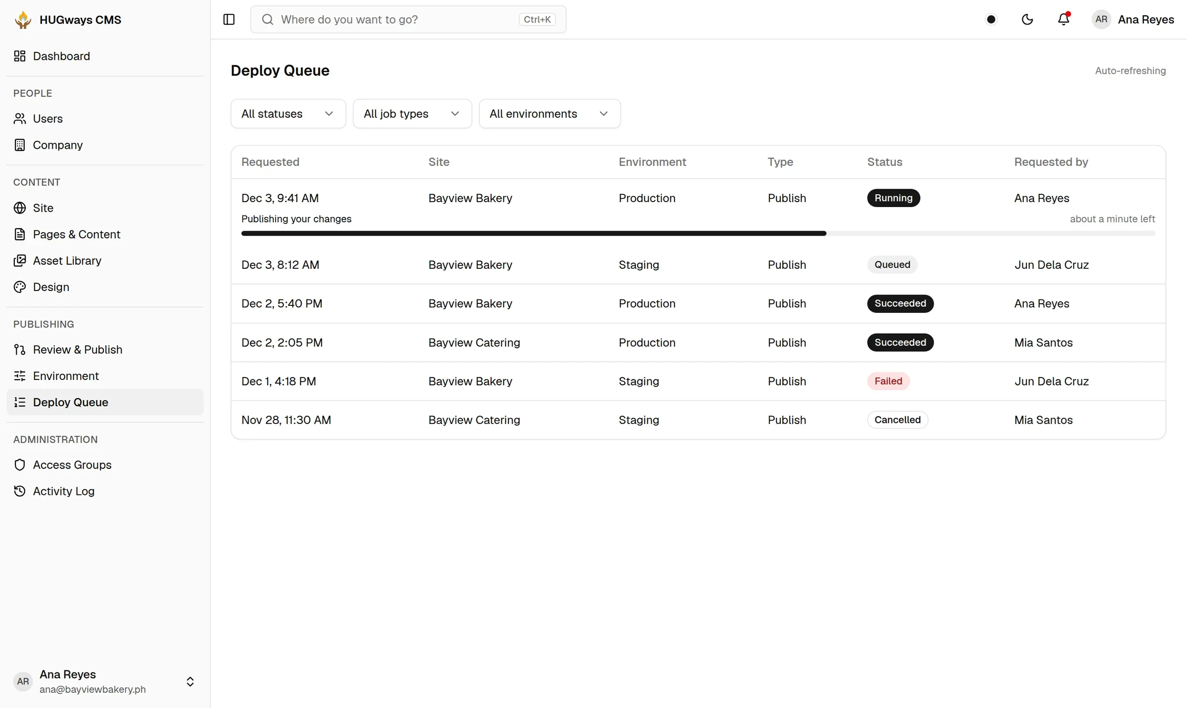 Deploy Queue screen showing a publish in progress, with a progress bar, and a history of earlier publishes