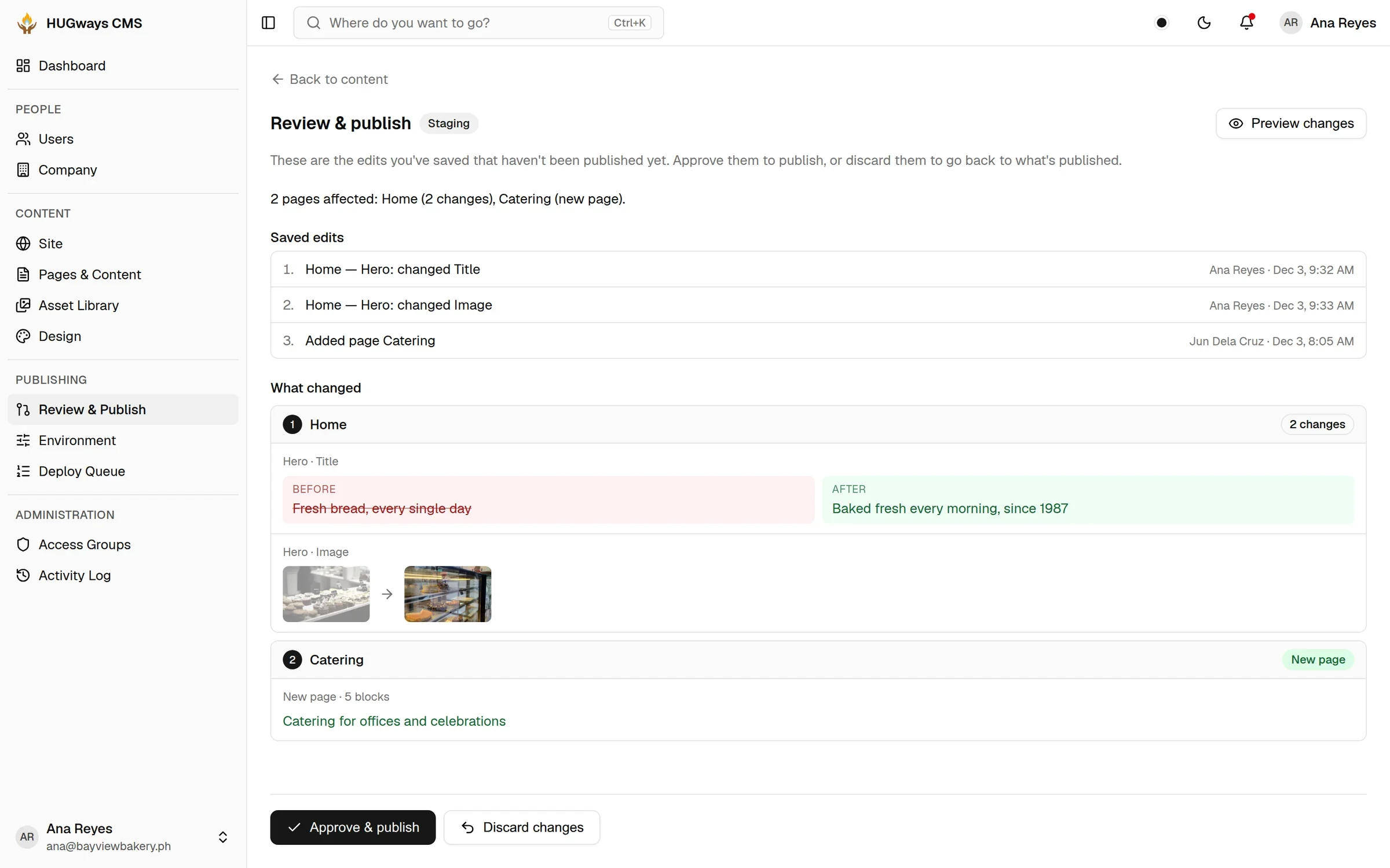Review and publish screen listing the saved edits and what changed, with Approve and Discard buttons