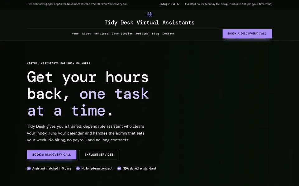 Midnight Ready website design for virtual assistants