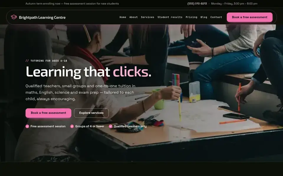 Midnight Algebra website design for tutoring & education