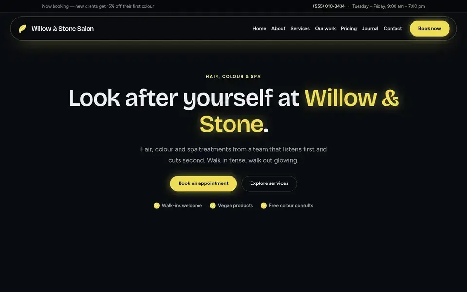 Midnight Salon website design for salon & beauty