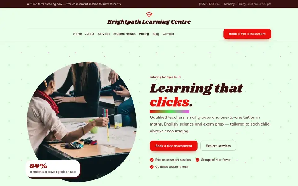 Classroom Party website design for tutoring & education